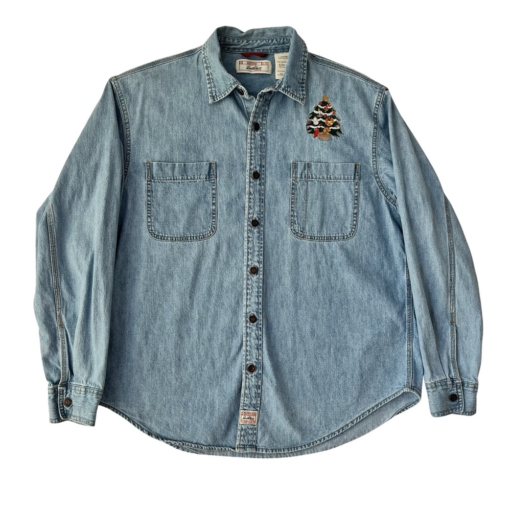 Levi Strauss Signature Denim Shirt, Christmas Tree Embroidered Shirt, Y2K/VTG